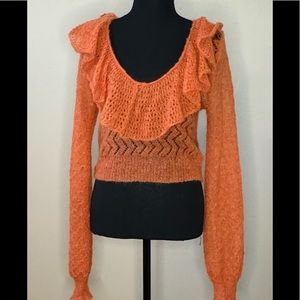 Free People Macaroon Women's Semi-Sheer Pointelle Knit Ruffled Pullover Sweater